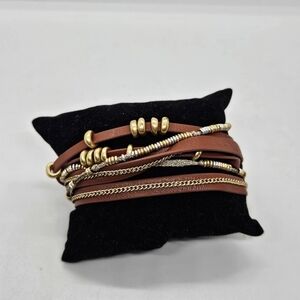 Stella & Dot brown faux leather wrap bracelet with gold and silver metal accents